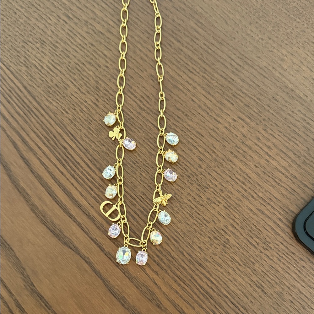 Dior Gold Chain Necklace with Iridescent Crystal and Motif Charms